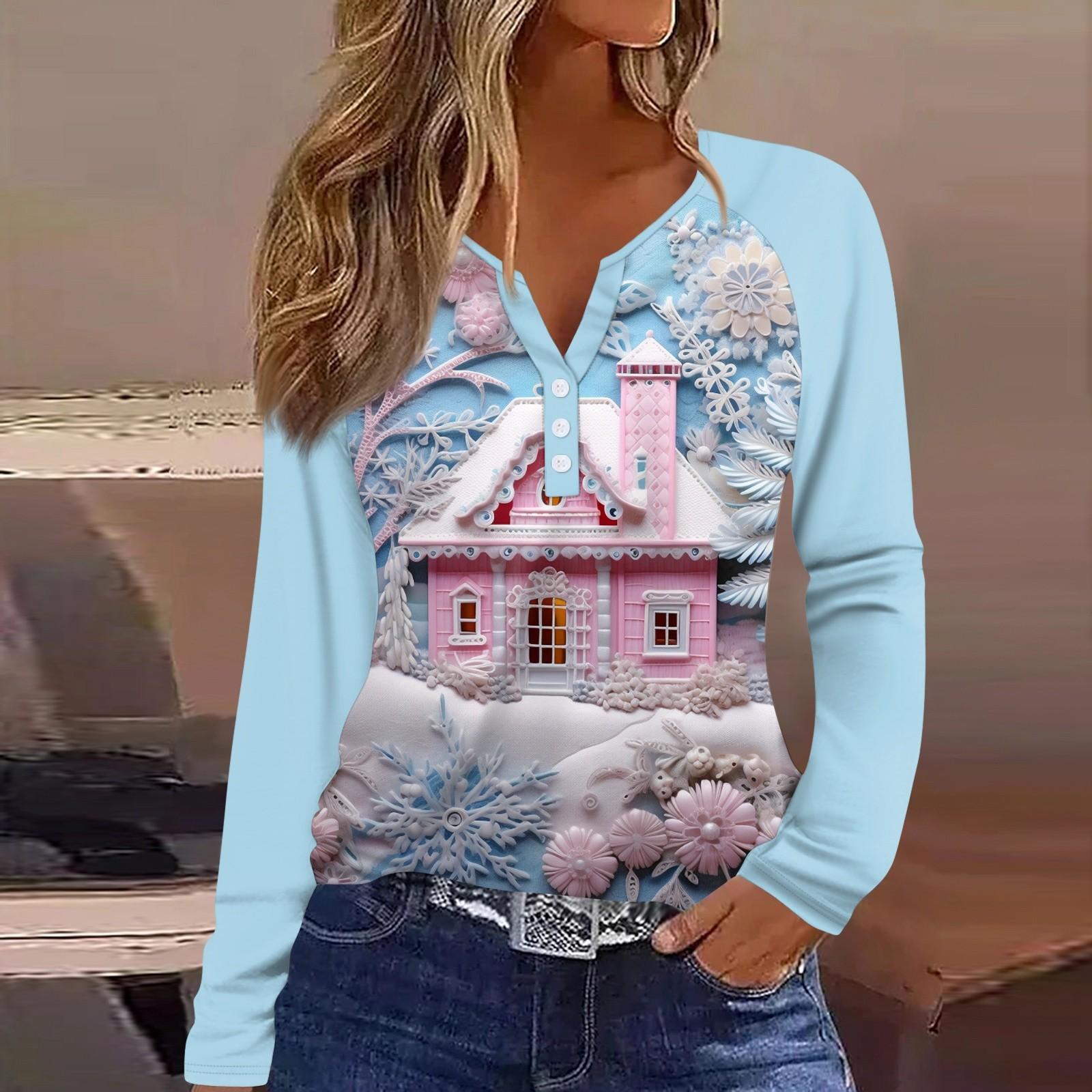 

Женская мода повседневная рождественская печать V-образный вырез рукава реглан с декоративными пуговицами длинный рукав футболка топ L