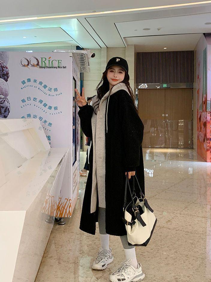 Chic Korean 2025 Autumn/Winter Long Hooded Lambswool Skirt Jacket