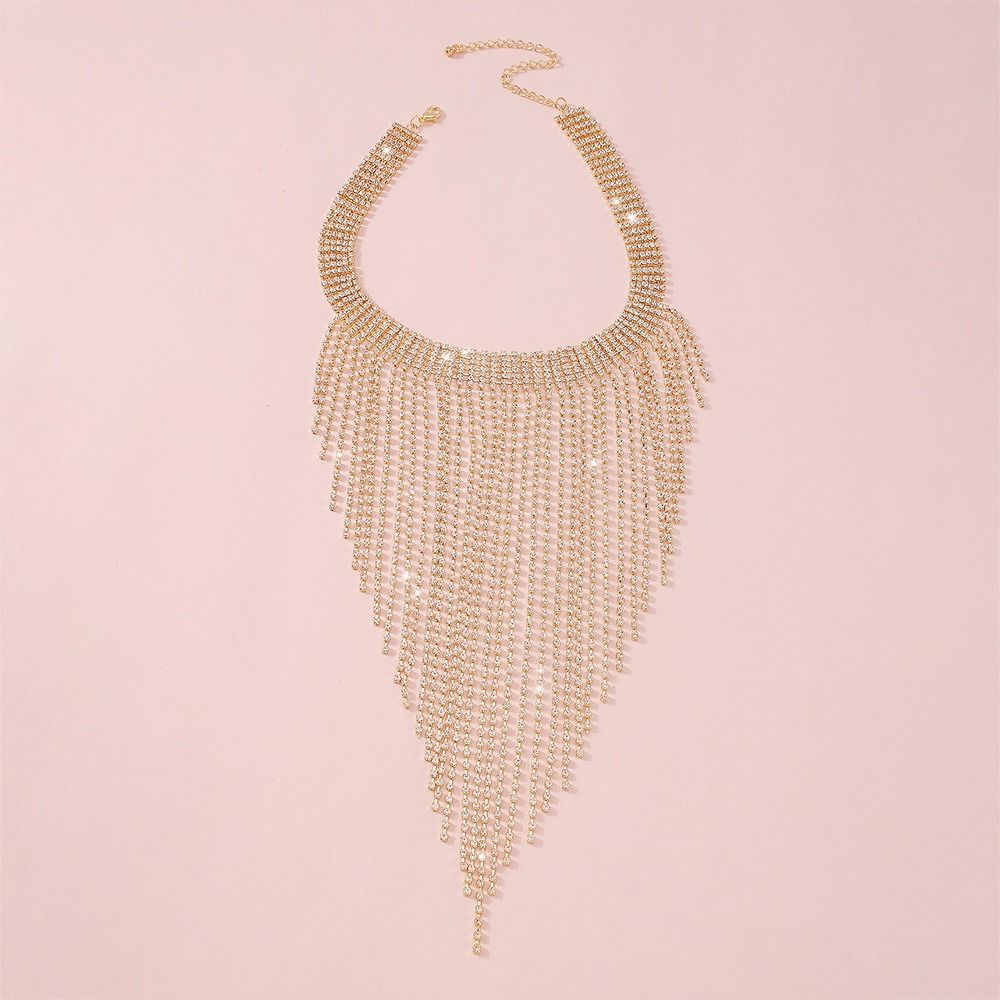 Korean Style Long Tassel Necklace Geometric Clavicle Chain Elegant Full Rhinestone Necklace  Women