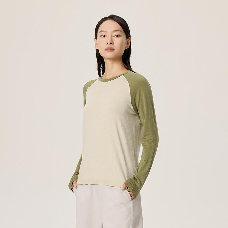 Women's Seamless Color Block Raglan Merino Wool & Tencel Long Sleeve Sport Shirt
