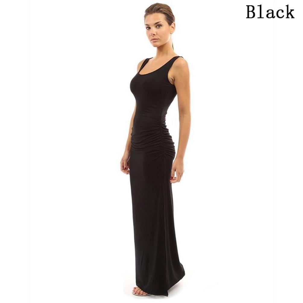 Elegant Summer Women Round Neck Slim Pleated Skirt Long Dress Sleeveless Split Swing