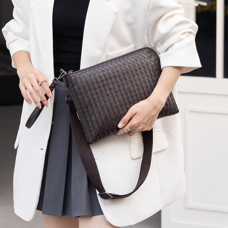 Mens Genuine Leather Woven Handheld Crossbody Bag Daily Commute Black Gray Navy Coffee Beige