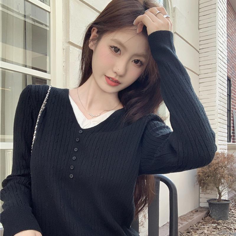 Fake Two Piece Knit Top Women Base Layer Autumn Winter Outer Wear Beige V Neck Sweater