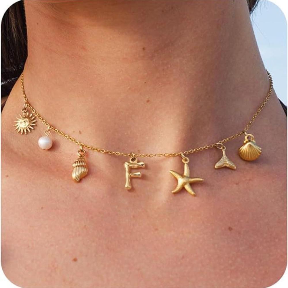 Gold Color Shell Necklace Copper Pearl Choker Simple Letter Pendant Necklace  Women