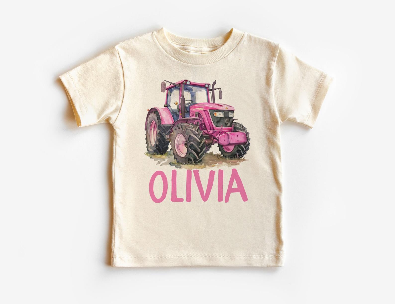 Personalized Pink Farm Tractor Unisex Shirt - Cute Custom Name Farm Girl Tractor Clothing - Boho Natural Kids Shirts 100