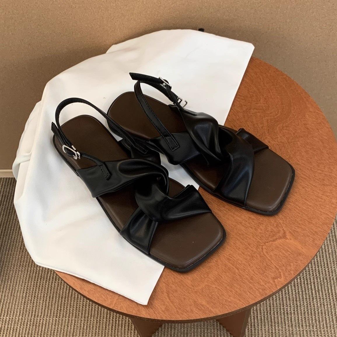 

Сандалии на плоской подошве, женская летняя одежда, новая универсальная, красивая, стиль феи во французском стиле с юбкой, дорожная, приморская, римская обувь 40 чёрный