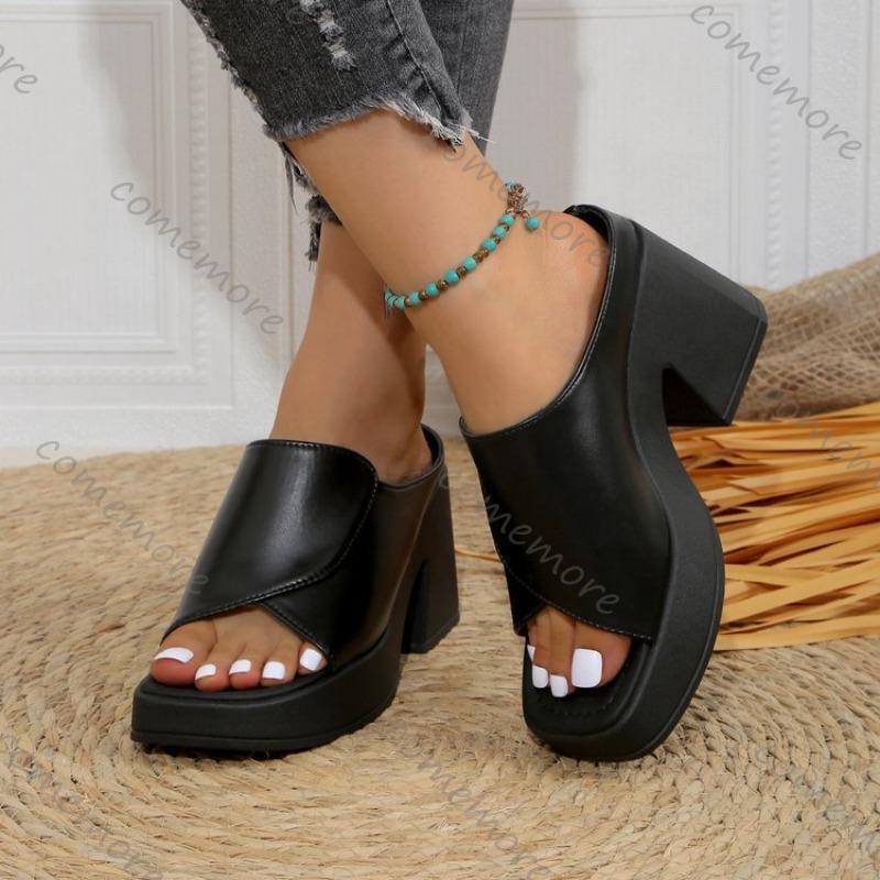 Fashion Comemore Summer New Square Head Solid Slippers for Women Platform Casual Large Size Women's Shoes Black Thick High Heeled Slides