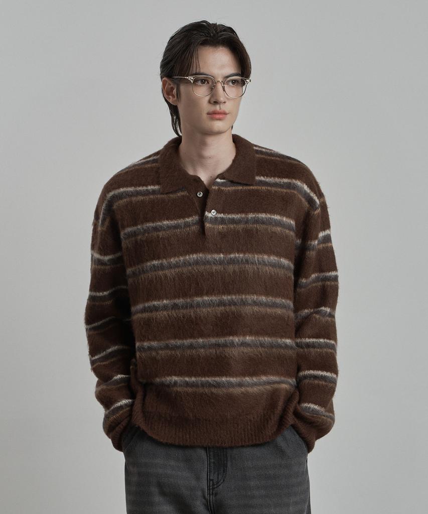 WORK ON BODY OFF Lanugo Semi-Overfit Striped Brush Collar Knit [Brown]