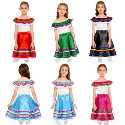 Girls Mexican Dress Set Off Shoulder Ruffled Top Elastic Waistband Lace Ribbon Trim Skirt