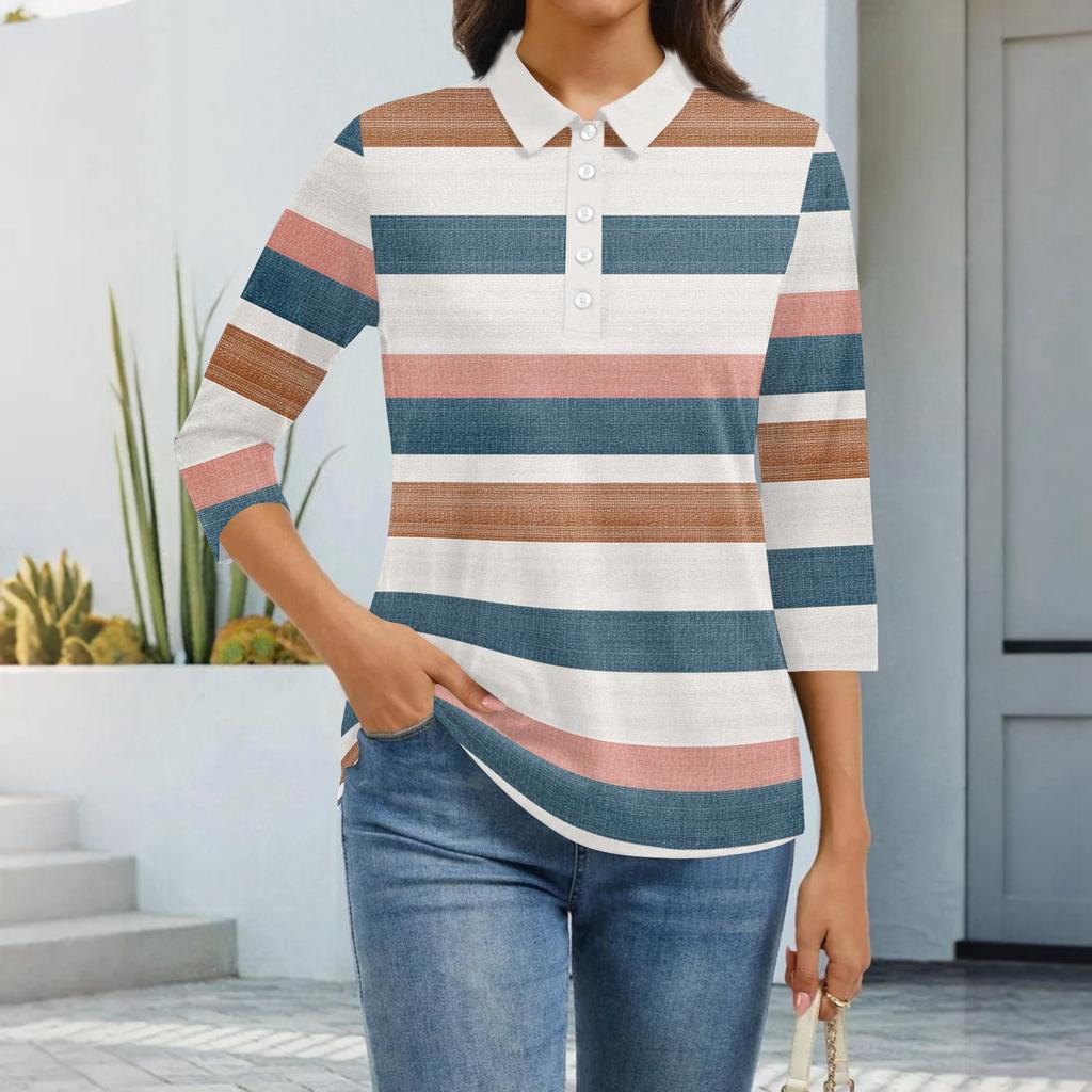 Dámská móda Ležérní klopa Krátký 3/4 rukáv Potisk Košile Dámské zapínací topy