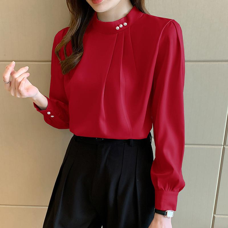 Satin Shirt Women Long Sleeve Pearl Embellished Elegant Office Wear For Spring 2026