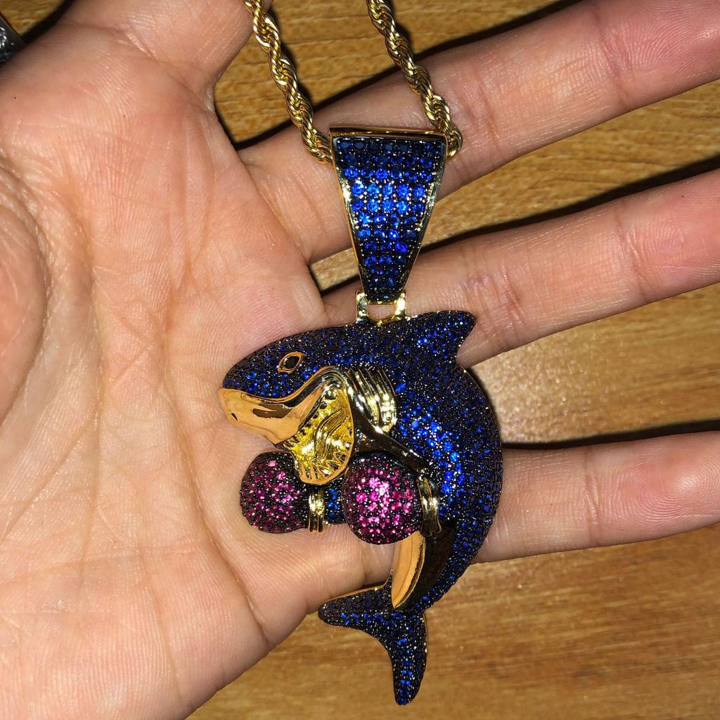 Boxing Shark Zircon Pendant Gun Black Cuban Chain Versatile Personality Necklace Accessories Men
