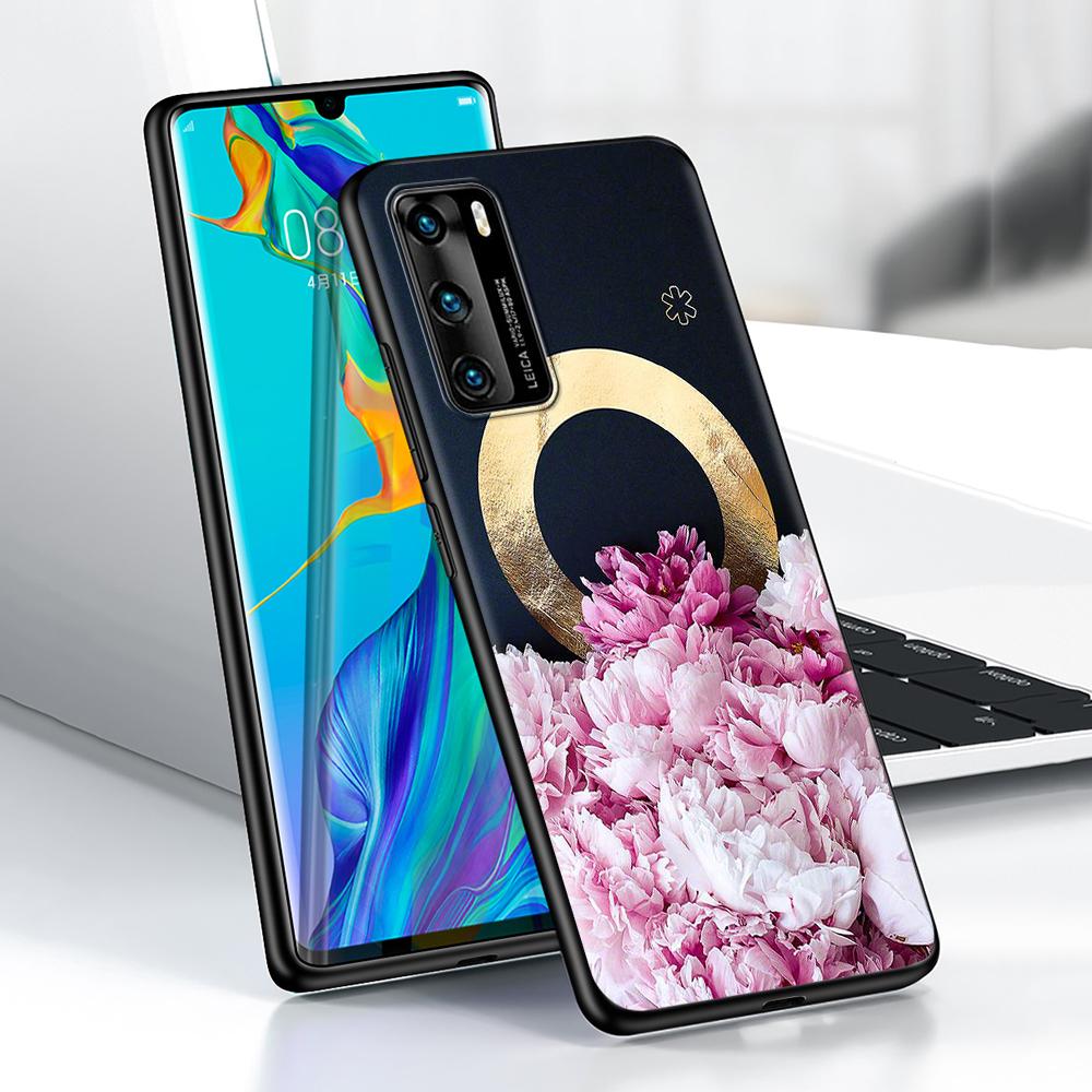 Golden Letter Flower Case for Huawei P30 P Smart Z P40 Lite E P20 Y6 Y7 Y9 2019 Honor 8X Play 9A 50 20 9X Pro Black Soft Cover