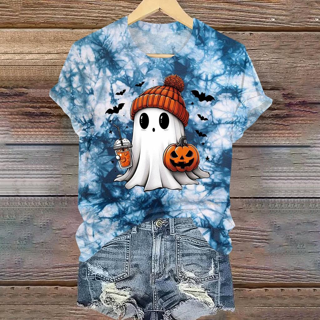 Ladies' Casual Halloween Printed Round Neck Short Sleeved T-Shirt