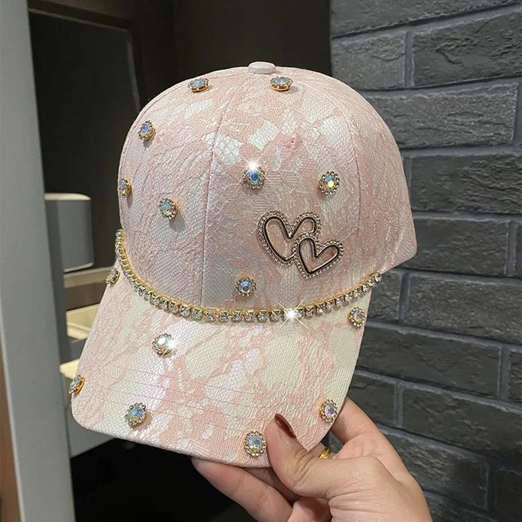 Rhinestone Heart Baseball Cap for Women Girls Fashion Patchwork Lace Low Profile Hat Trendy Adjustable Dad Hats Snapback Hat