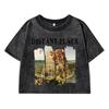 Distant Place Printing Women Washed Short Clothing Breathable Summer T-Shirt Street Fashion Tops O-Neck Short Sleeve