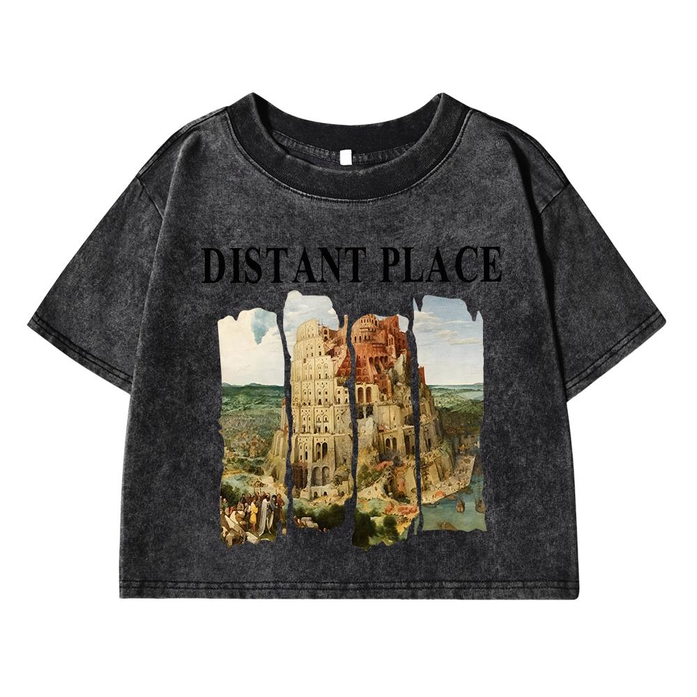 Distant Place Printing Women Washed Short Clothing Breathable Summer T-Shirt Street Fashion Tops O-Neck Short Sleeve