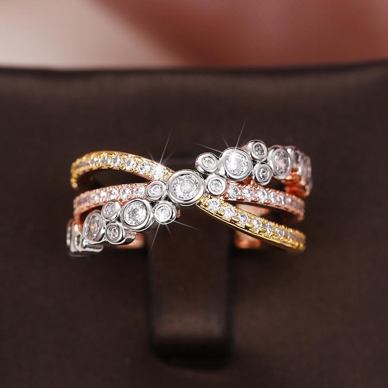 New Luxury Three-Tone Design Women's Wedding Rings Inlaid Bling White CZ Fancy Cross Finger Rings Special-interested Jewelry