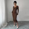European and American Brown V-neck Dress Women's Spring and Autumn Chest Kink Design Slim Seven-quarter Sleeve Commuter Temperament Dress