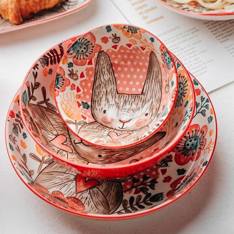 1pc Hand-painted Cute Rabbit and Plate Underglaze Ceramic Household Soup Commercial Noodle Bowl Tableware