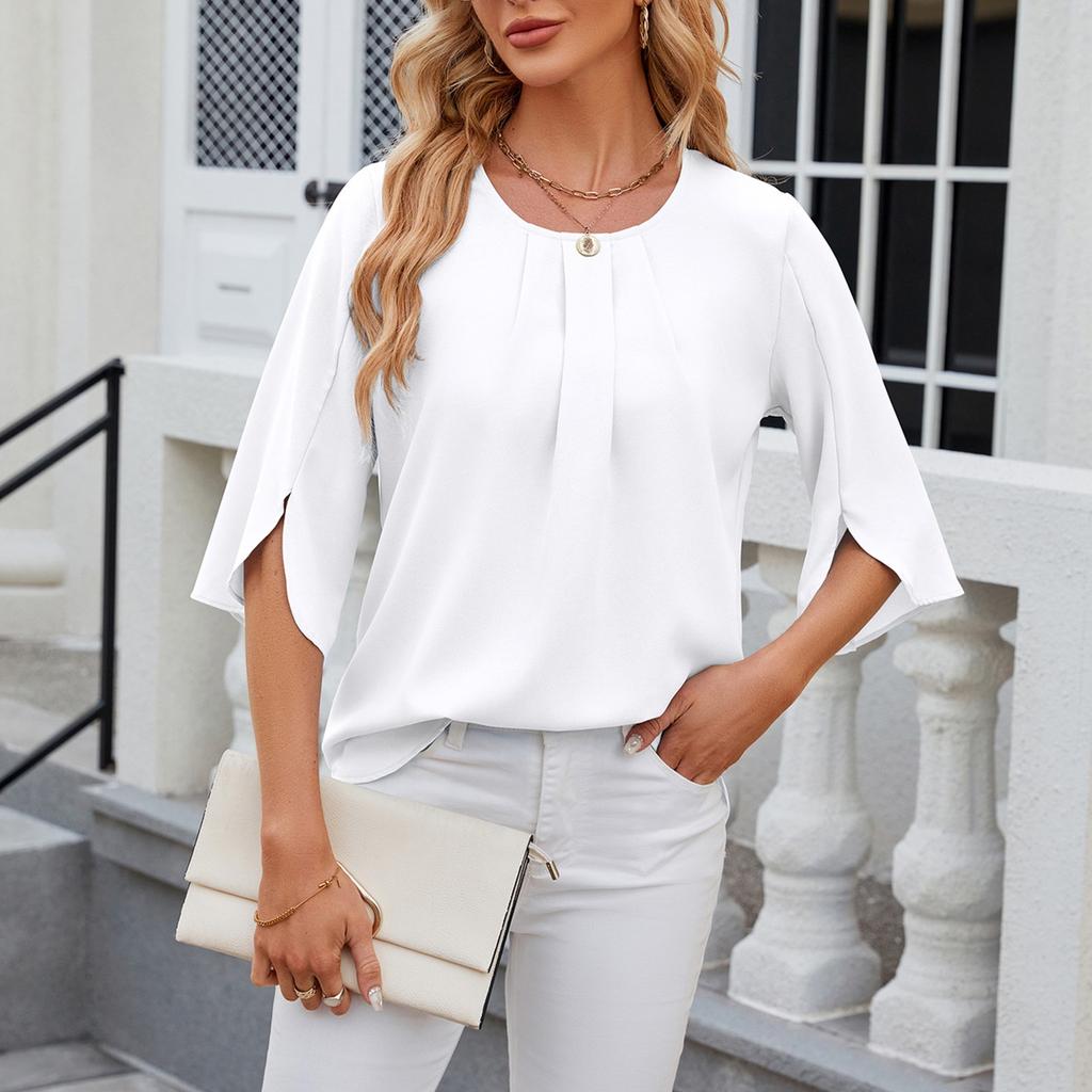 Women's Solid Color Round Neck Half Sleeve Loose Chiffon Blouse