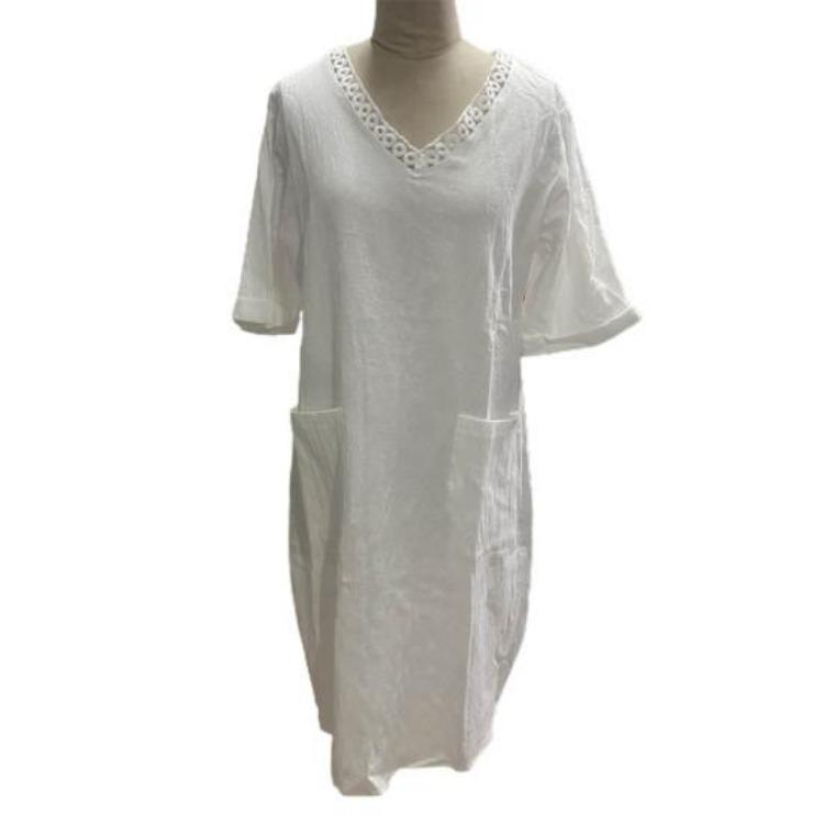 Summer Casual Dress V Neck Short Sleeves High Waist Midi Loose Knee Length Daily Wear Solid Color with Side Pockets