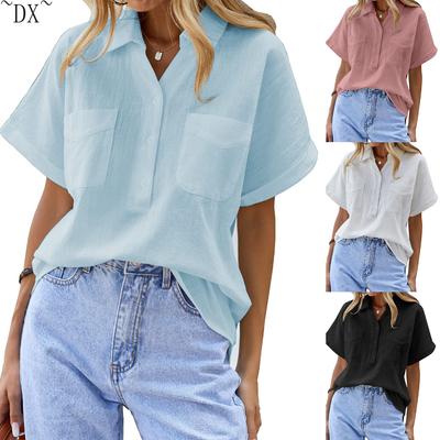 DX~Camisa feminina de algodão e linho Camisa Henry de manga curta Camisa de trabalho casual com botões e decote em V com dois bolsos
