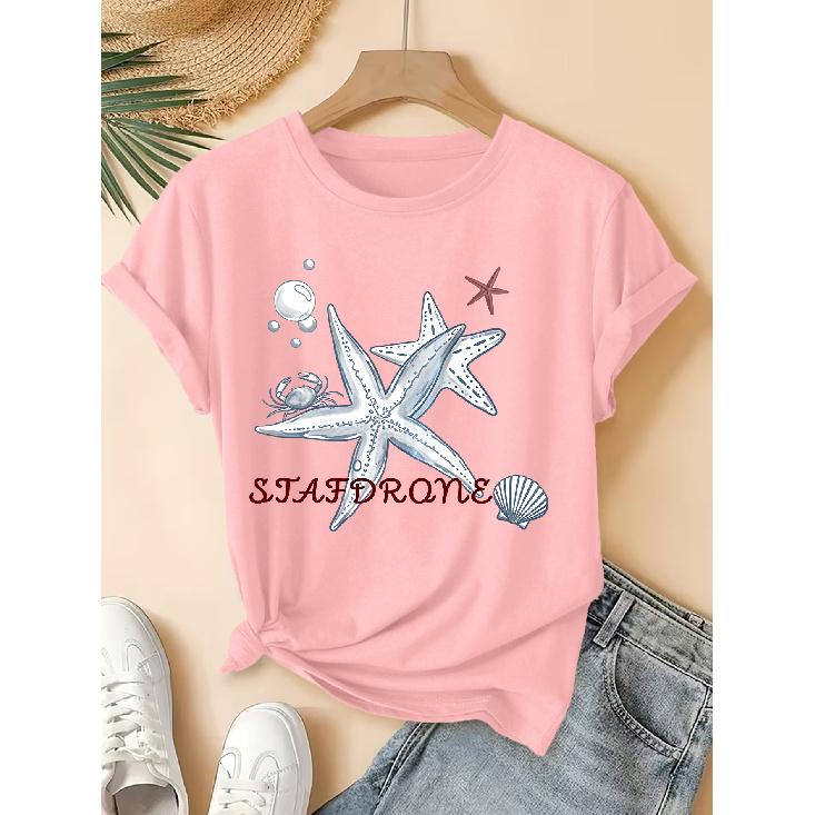 Beach starfish simple print pattern short-sleeve vintage round neck T Fresh and natural style loose-fitting shirt 2026 Elegant spring and summer S розовый