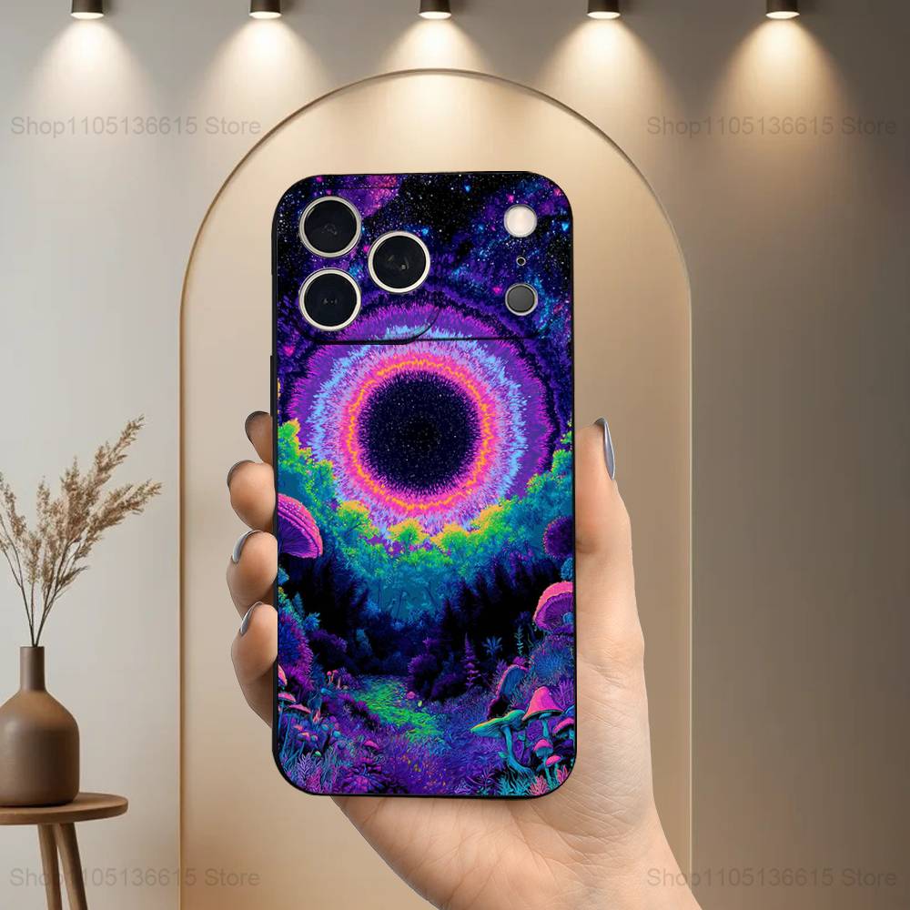 Trippy Plant Mushroom Case For iPhone 12,14,15,16,17,13,11,X,Mini,Plus,Pro Max,8,7,XR,SE,XS,Soft Silicone Black