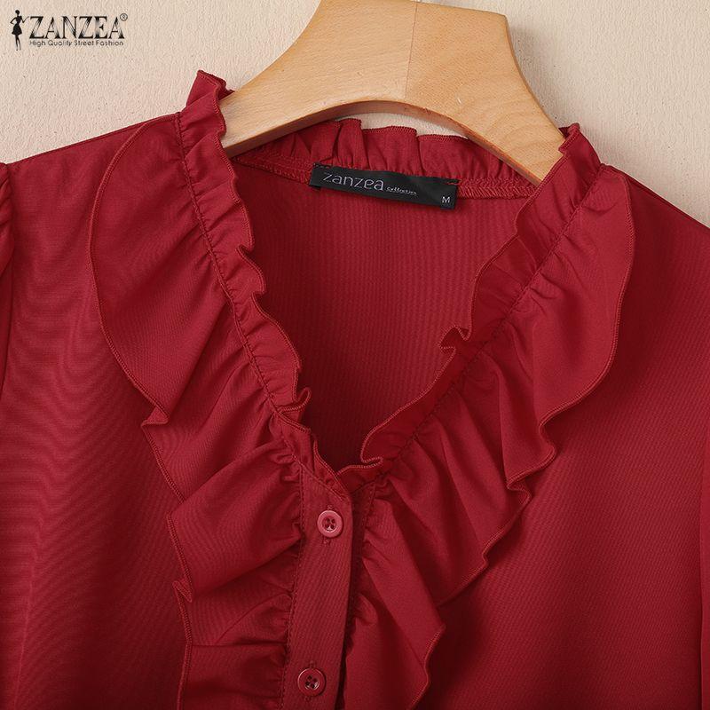 ZANZEA Damen Rüschen V-Ausschnitt Locker Lässig 3/4 Ärmel Bluse