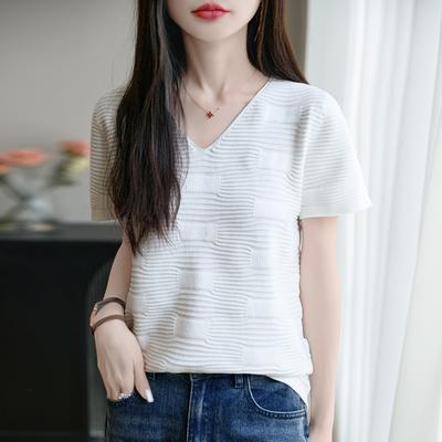 Pure Katoen V-hals Gebreide Kortmouw Dames Zomer Nieuwe Modieuze en Veelzijdige Horizontaal Gestreepte T-shirt Top