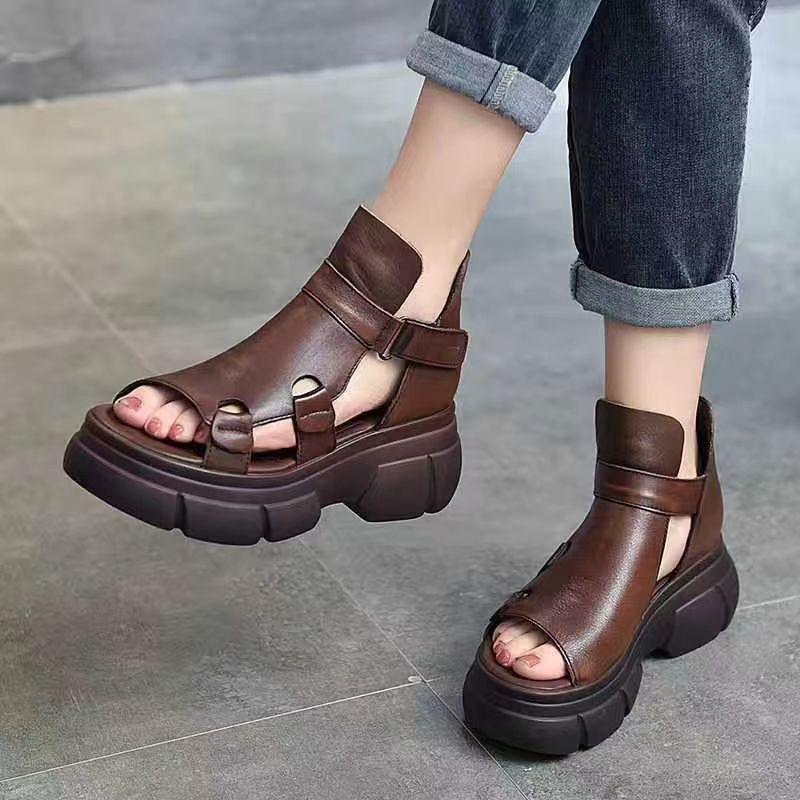 Women's Fish Mouth Roman Boots Soft Leather Thick-Soled Muffin Heel Hollow Sandals