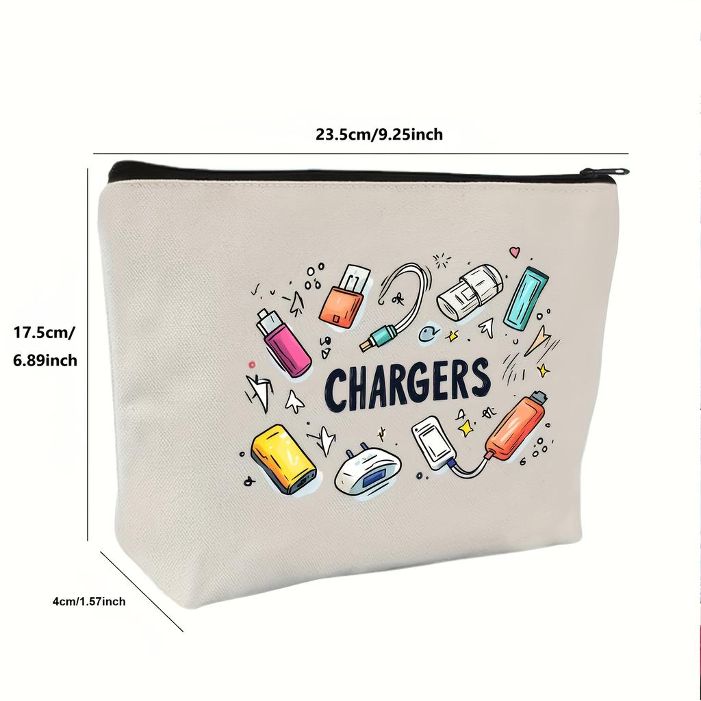 Charger Organizer Pouch Playful Charger Design Black Zipper Closure Ideal for Travel Cables & USB Storage, Unisex Adult Accessory
