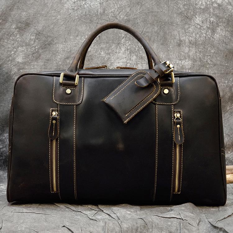 Bolsa de Viagem Masculina de Grande Capacidade em Couro Genuíno – Estilo Europeu e Americano, Couro Bovino de Camada Superior, Bolsa de Mão Casual para Fitness