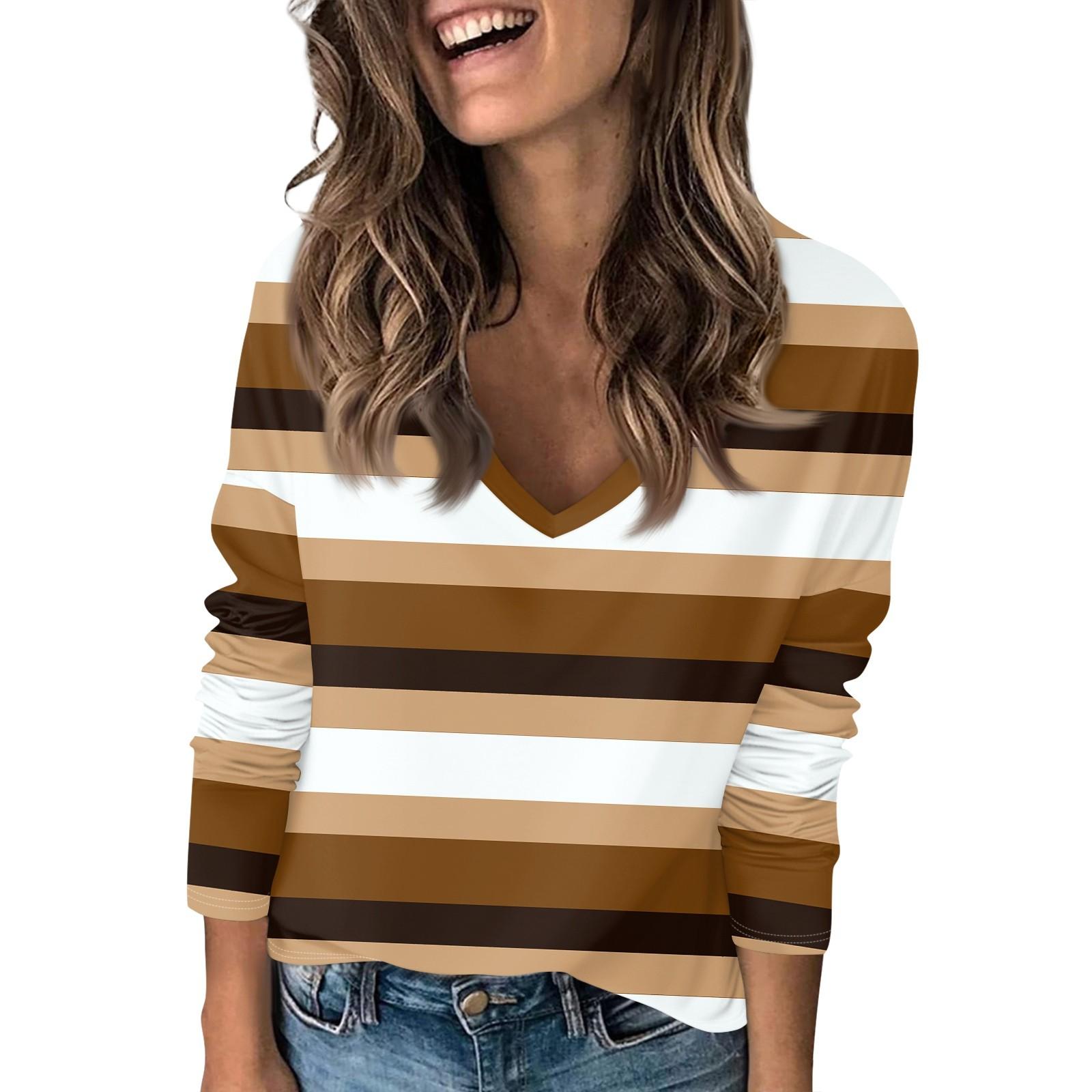 

Женская футболка с принтом, с заниженной линией плеч, с длинным рукавом, повседневная, выходного дня, модная, базовая, с V-образным вырезом, обычная, топ XL коричневый