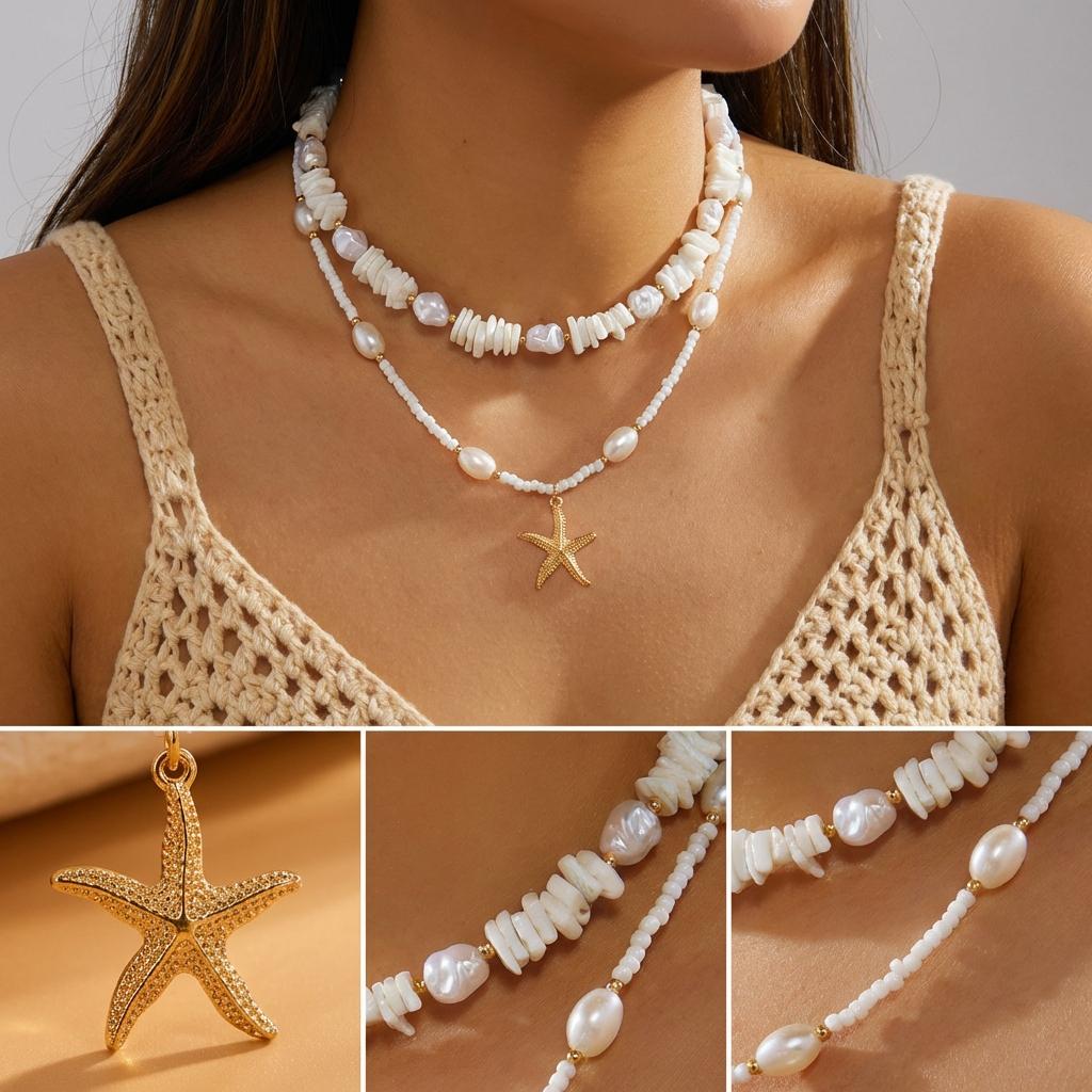 Bohemian White Multilayer Rice Bead Gravel Necklace for Women Baroque Imitation Pearl Gold Starfish Chain Beach Jewelry Gift