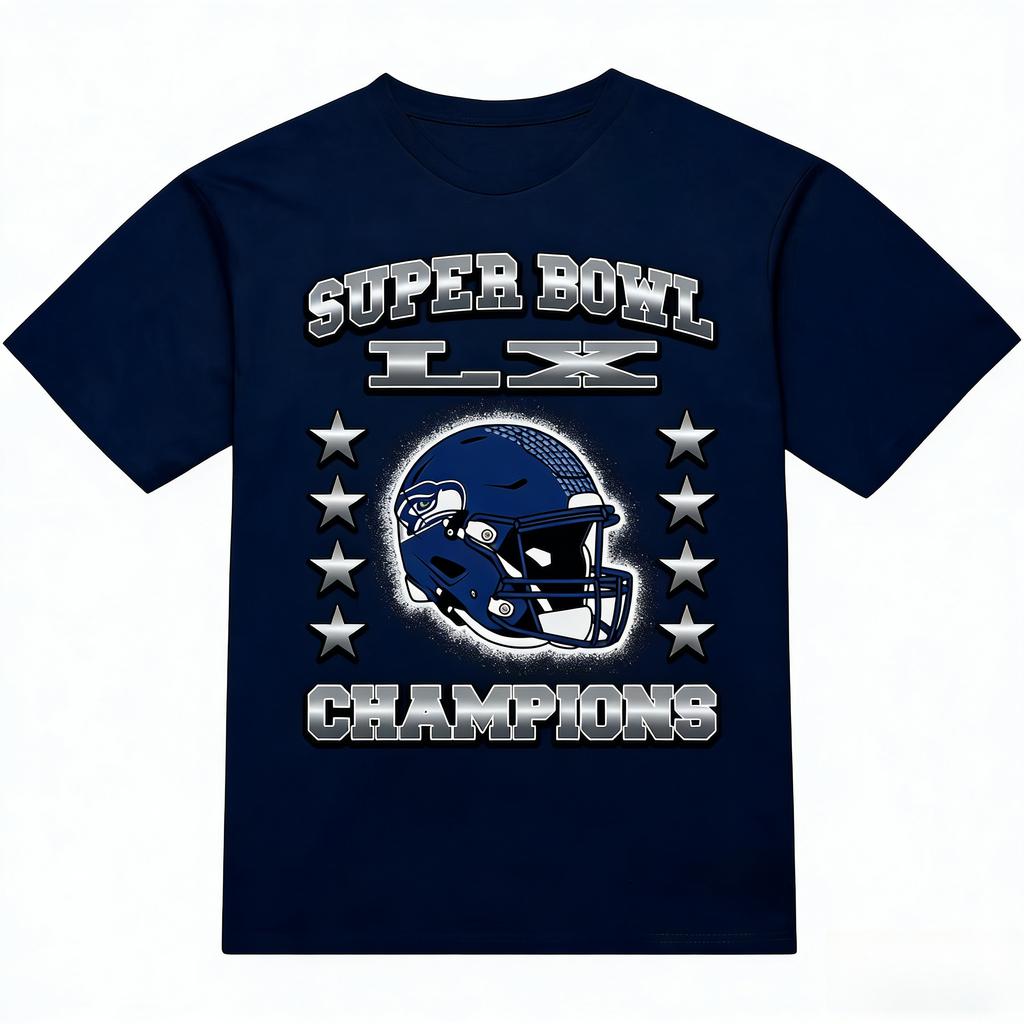 Super Bowl LX 2026 Seahawks Champion Commemorative shirt unisex Summer New Unisexs football 100cotton Short Sleeve Tshirt