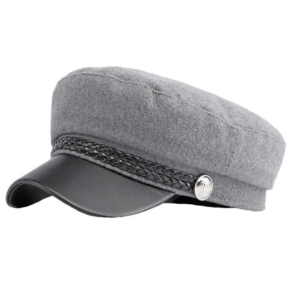Marine Cap Wool Newsboy Hat Brim PU Leather Going Out Women Men CZ154 [White Fang] (Light Gray)