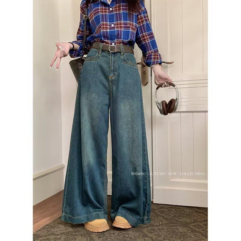 

Женские джинсы больших размеров на осень/зиму 2025 года, ретро, свободные, стройнящие, с широкими штанинами, длиной до пола 3XL синий