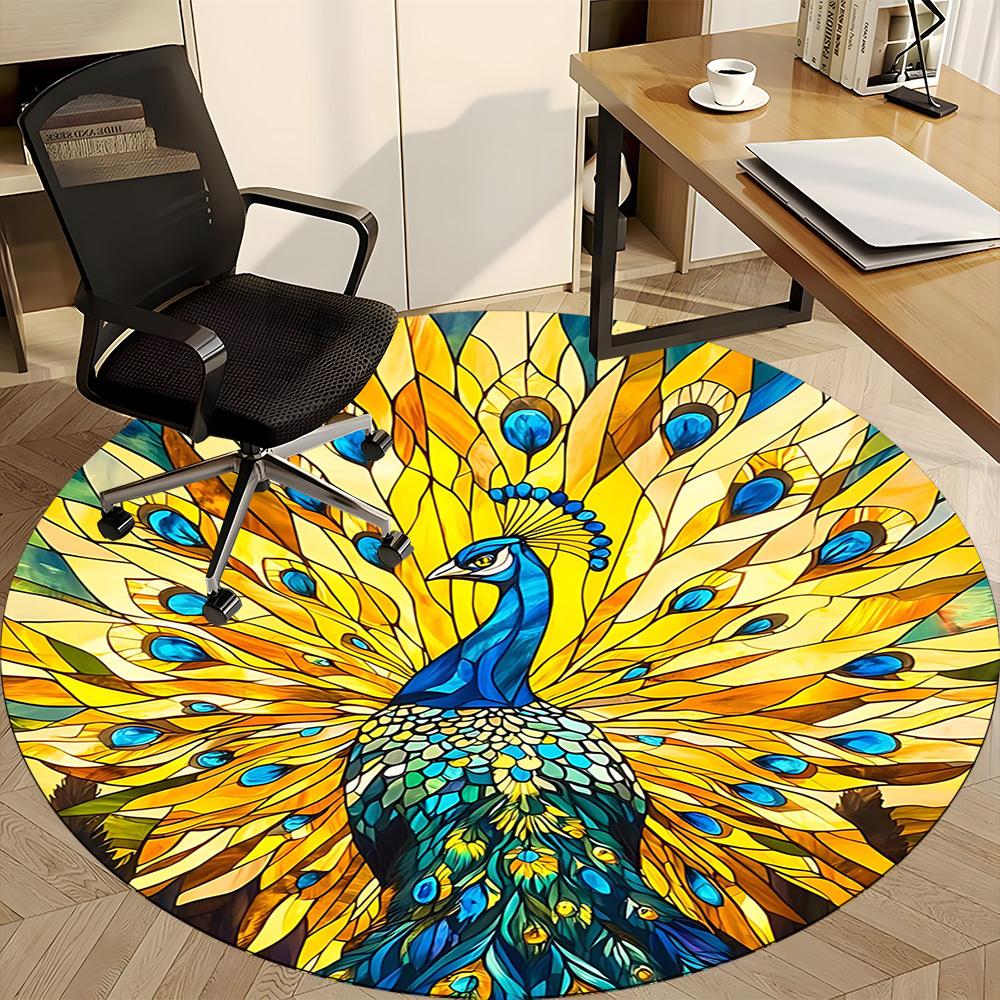 1PC Peacock StainedGlass Office Round Area Rug, Mat Suitable For Office, Under Office Chairs Bedroom Living Room Home Decor, Room Deco