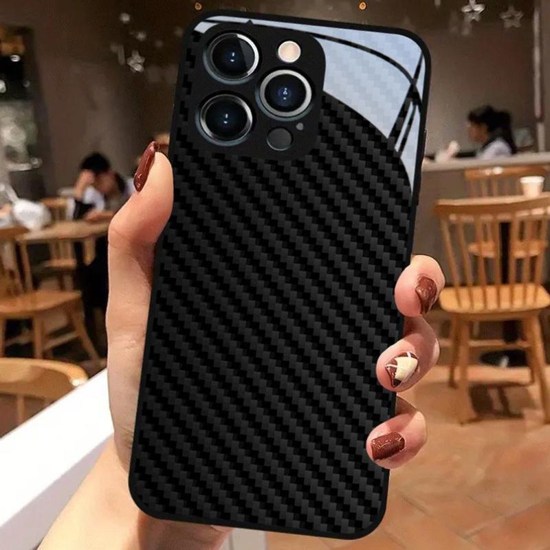 Schwarze Karbonfaser-Textur Gehärtetes Glas Schwarze Handyhülle Für iPhone 17 16 15 14 13 12 11 Pro Max 17 Air 7 8 Plus XR XS X Abdeckung