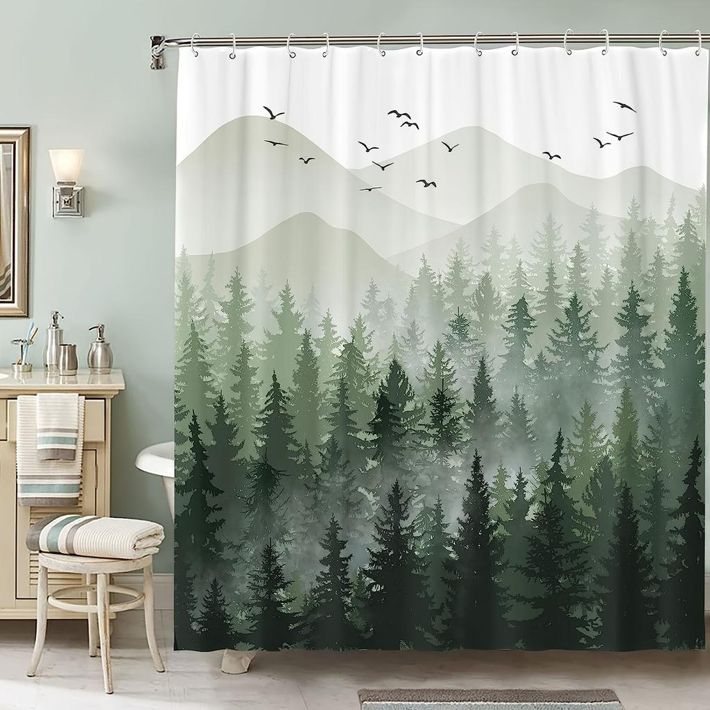 1pc Green Mist Forest Shower Curtain - Waterproof, Modern Minimalist Bath Decor, Bathtub Partition, Bathroom Accessories