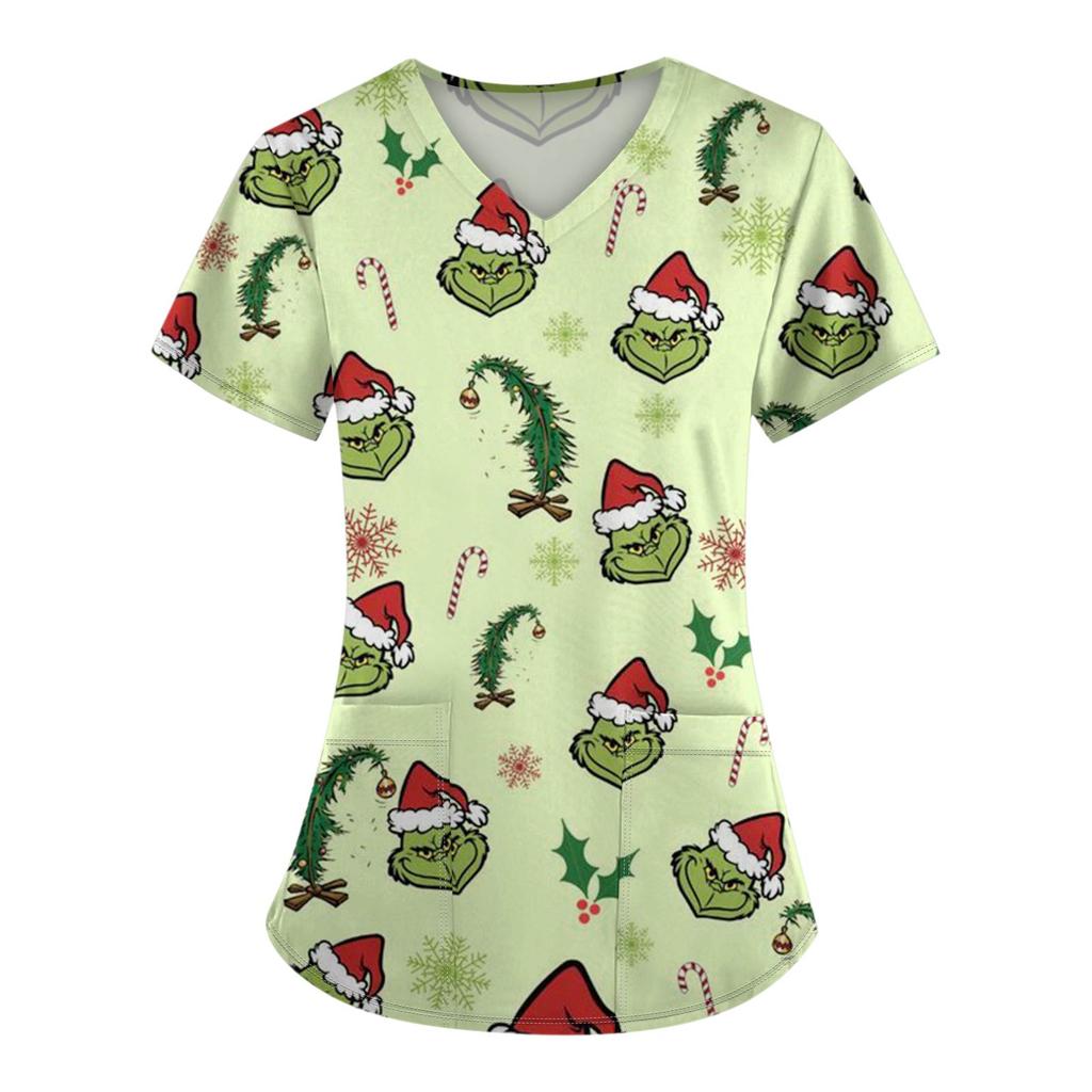 Women's Fashion Printed Short Sleeve V Neck Pattern Tops Pocket Working T-shirts