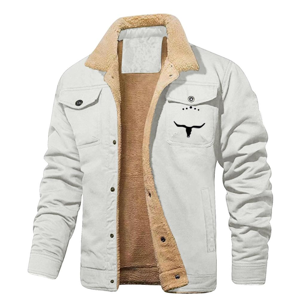 Men's Solid Color Button Pocket Work Jacket Men's Casual Plush Coat