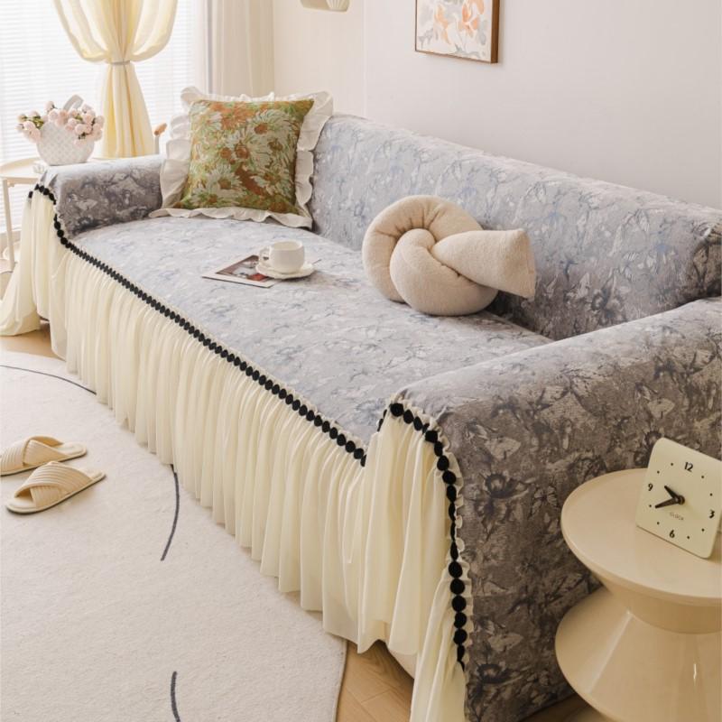 Fall One-size Chenille Loveseat Slipcover European Ruffled Edge Creamy Mats Wind Blossom Decorative Anti-Slip Patchwork Sofa Pad