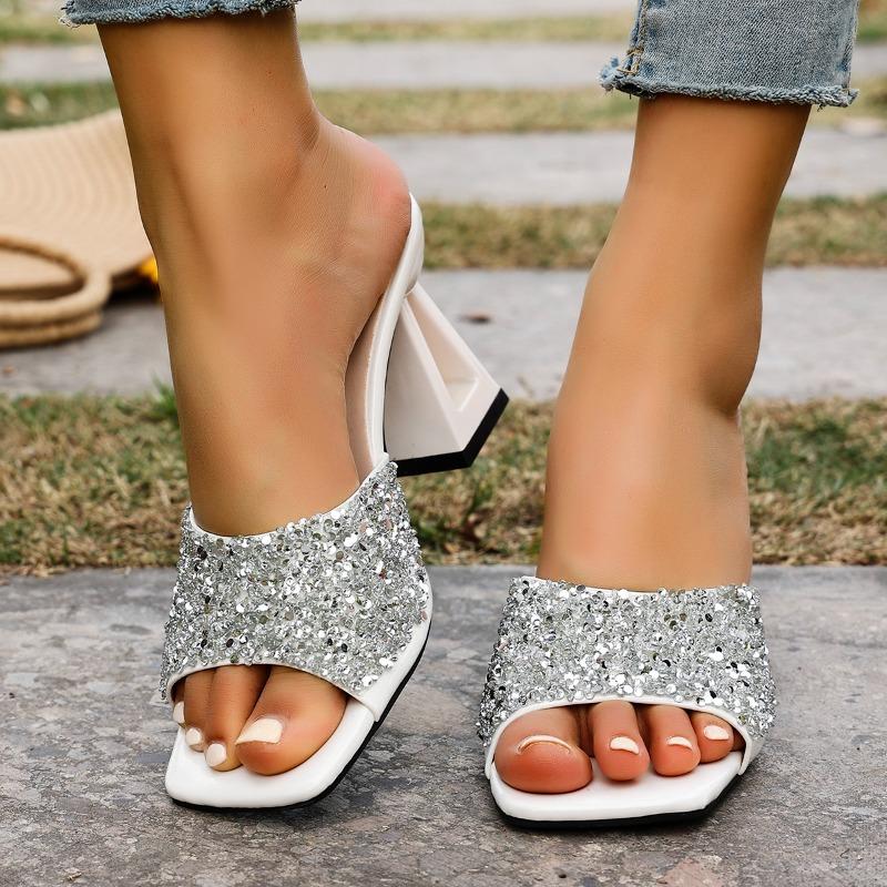 Women's Square Toe One Word Open Toe High Heel Cool Summer New Patent Leather Sequin Rhinestone Shaped Heel Sandals