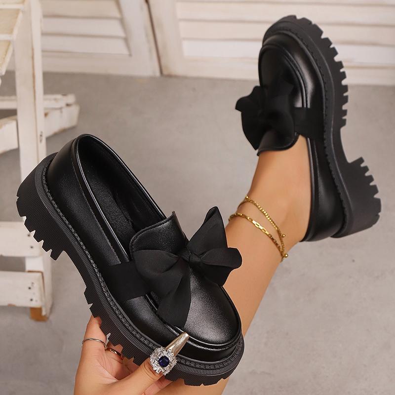 Fashion Bowknot Platform Loafers Women 2025 British Style Thick Bottom Pu Leather Shoes Woman Comfortable Slip On Flats Plus Size 35-42