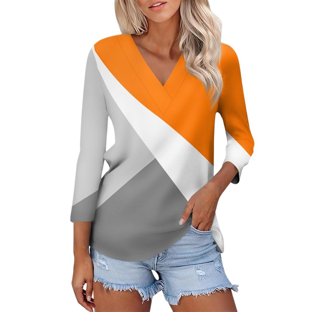 Women's Casual Fashion Sexy Comfortable V-neck Splicing Geometric Pattern Three-quarter Sleeve Top