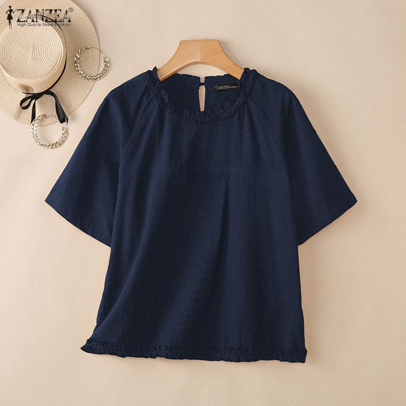 ZANZEA Women Casual Round Neck Solid Color Short Sleeve Blouse
