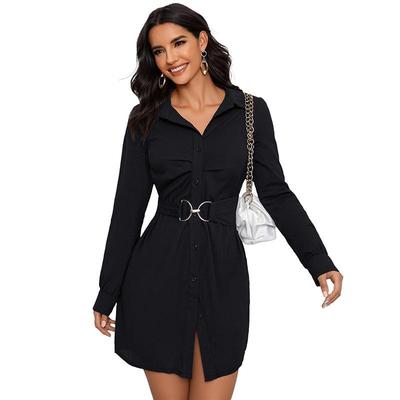 Vestido camisero mini de mujer con cinturón, cuello y mangas largas, estampado liso